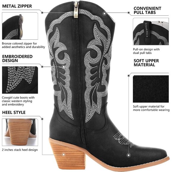 ⚡Women's Black Embroidered Fashion Western Pointed Toe Chunky Heel Pull On - Picture 2 of 5